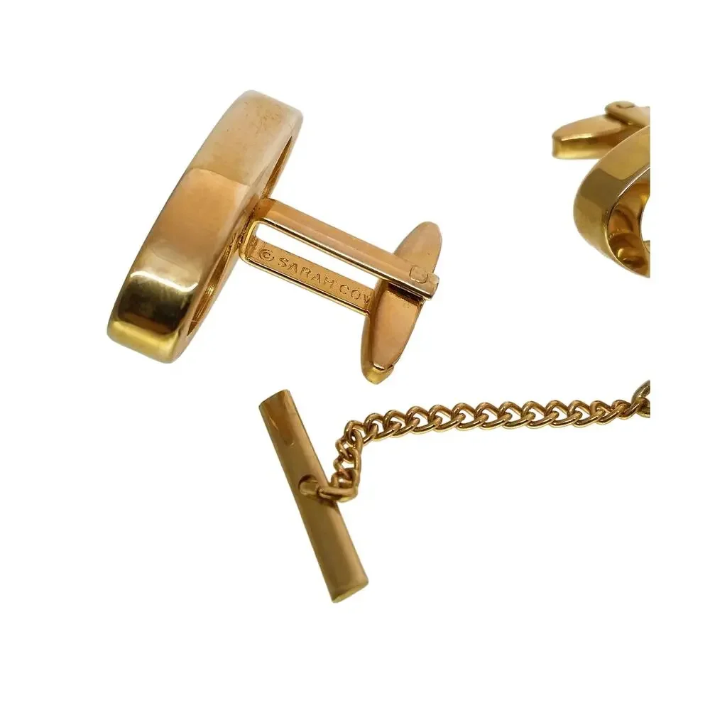 Cufflinks Tie Tack Gold Tone Sarah Coventry Switzerland Modernist Oval Circles